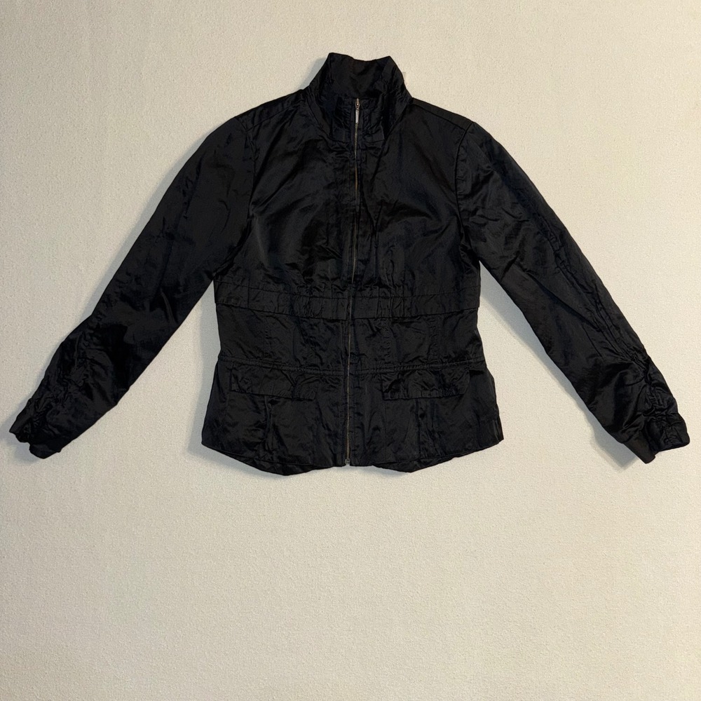 Black Full Zip Gathered Waist Jacket Women's Lightweight Casual Outdoor Chicos 0